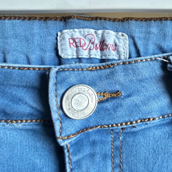 Red Bottoms Flare Mod Rise Raw Frayed Hem Blue Light Wash Jeans Women’s Sz 11/12 - Picture 6 of 7